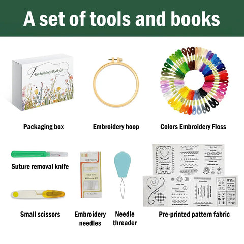 Beginner Embroidery Stitch Book With Detachable Fabric Panels, Complete Tool Kit showing tools like hoop, floss, and needles