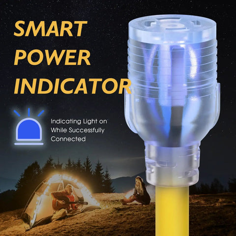 Heavy Duty 30 Amp Generator Extension Cord L14 30P L14 30R 125 250V 7500W 10 AWG SJTW With Lighted Power Indicator in use