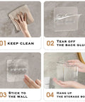 Instructions for Four Pack Clear Wall Mount Organizers With Super Strong Adhesive Perfect For Kitchen Cabinets And Pantries Food Grade Storage Bins.