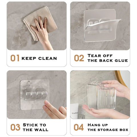 Instructions for Four Pack Clear Wall Mount Organizers With Super Strong Adhesive Perfect For Kitchen Cabinets And Pantries Food Grade Storage Bins.