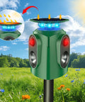 Solar Powered Ultrasonic Animal Repeller With 360 Degree PIR Coverage That Keeps Cats Dogs Deer Squirrels Raccoons And Rabbits Outta Your Garden Yard Or Farm Outdoor Deterrent For Real, green stake model