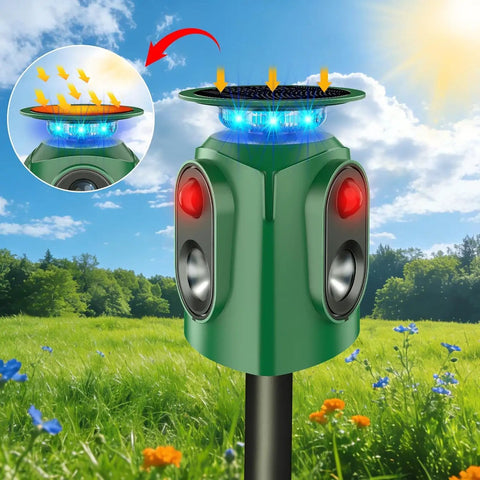 Solar Powered Ultrasonic Animal Repeller With 360 Degree PIR Coverage That Keeps Cats Dogs Deer Squirrels Raccoons And Rabbits Outta Your Garden Yard Or Farm Outdoor Deterrent For Real, green stake model