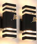 Two Pack Dusk To Dawn Outdoor Wall Lights Up And Down Sconce Black Aluminum Waterproof Exterior Porch Lights 3000K Warm White No Fuss Auto On Off Sensor For House Doorways, shown mounted on a wall emitting warm light.