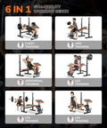 Six In One Weight Bench Set With Leg Press Preacher Curl Rack Adjustable Workout Bench And Squat Rack showcasing exercises