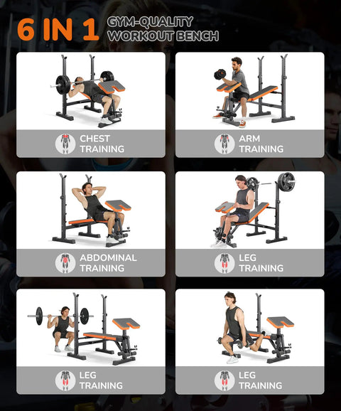 Six In One Weight Bench Set With Leg Press Preacher Curl Rack Adjustable Workout Bench And Squat Rack showcasing exercises