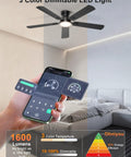 No Fuss 52 Inch Low Profile Ceiling Fan With Lights Featuring Slick App And Remote Control For Fast Cooling And Bright Ambient Glow In Matte Black Finish with dimmable LED light.