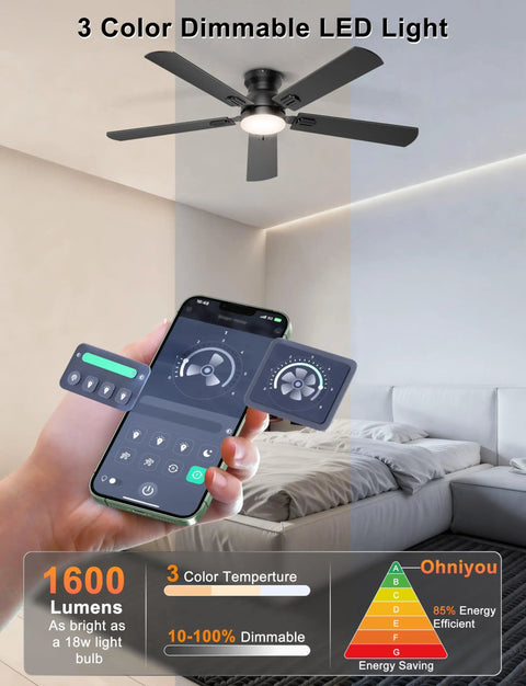 No Fuss 52 Inch Low Profile Ceiling Fan With Lights Featuring Slick App And Remote Control For Fast Cooling And Bright Ambient Glow In Matte Black Finish with dimmable LED light.