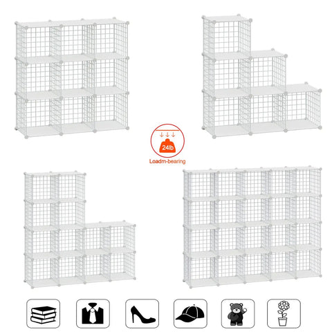 Freely Combinable 12 Cube Wire Storage Organizer Shelf For Books, Toys, Crafts, Plants and Pets White Metal Grid Cubes