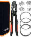 Heavy Duty Wire Rope Crimp Tool Kit For 1/16, 3/64 And 5/64 Inch Cable displayed with carrying case, ferrules, thimbles, and wire rope.