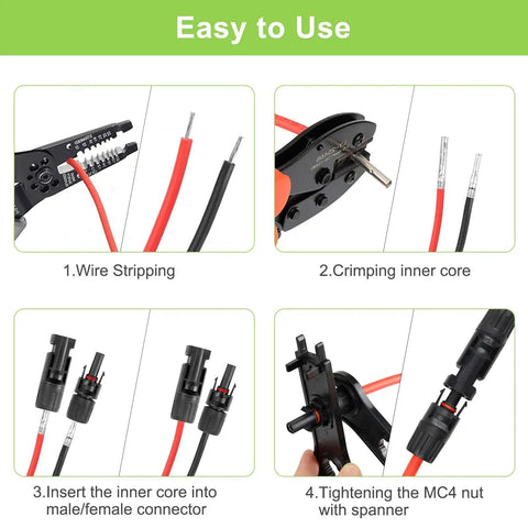 Solar MC4 Connector Kit With 30 Pairs And 60 Pieces Waterproof IP67 1000V 30A Male And Female Connectors Pins And 2 Wrenches with usage steps