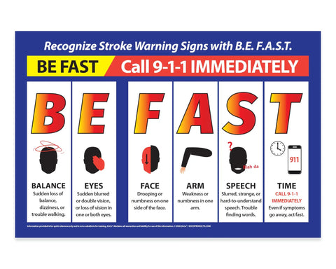 Be Fast Stroke Warning Signs Poster Laminated 12x18 First Aid Safety Sign For Workplace School Clinic Stroke Symptoms Chart Made In USA Ideal Quick Reference For Recognizing Signs And Acting Fast
