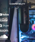 Blue Yeti USB Microphone For PC And Mac, Gaming And Streaming Ready, shown with compatibility icons for YouTube, Twitch, Zoom, and more