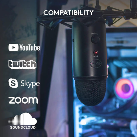 Blue Yeti USB Microphone For PC And Mac, Gaming And Streaming Ready, shown with compatibility icons for YouTube, Twitch, Zoom, and more