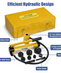 Heavy Duty Hydraulic Knockout Punch Kit 10 Ton With 6 Die Sets For 1/2 To 2 Inch Conduit Pro Grade Electrical Hole Punch Driver For Aluminum Brass Stainless Steel All In One Beast Of A Tool Yellow, showing components and carrying case