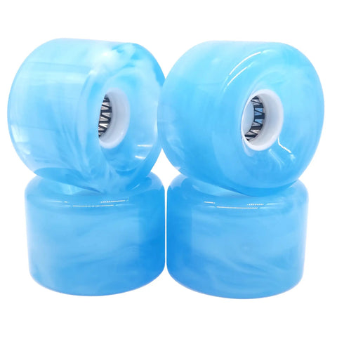 Skateboard Wheel Set 65mm By 43mm 78A High Rebound Urethane With 608RS Bearings Washers And Spacers One Piece Tool Included For Longboard Or Regular Cruisers Blue, showing four blue wheels.
