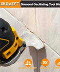 EXKRAEFT diamond oscillating tool blade in side view removing grout from tile; yellow and black tool body.