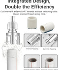 All In One Pipe Threader And Tapping Kit For Half Inch, Three Quarter Inch, And One Inch Dies Works With Electric Drills Internal And External NPT Threads Pro Grade Heavy Duty Carbon Steel For Plumbers And Home DIY, showing threading and tapping process and results.