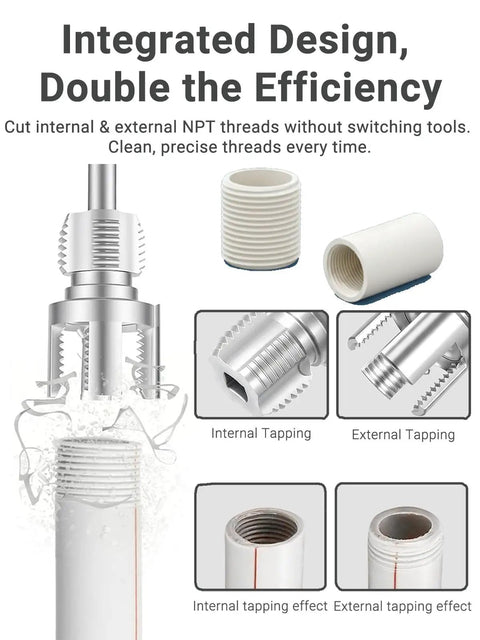 All In One Pipe Threader And Tapping Kit For Half Inch, Three Quarter Inch, And One Inch Dies Works With Electric Drills Internal And External NPT Threads Pro Grade Heavy Duty Carbon Steel For Plumbers And Home DIY, showing threading and tapping process and results.