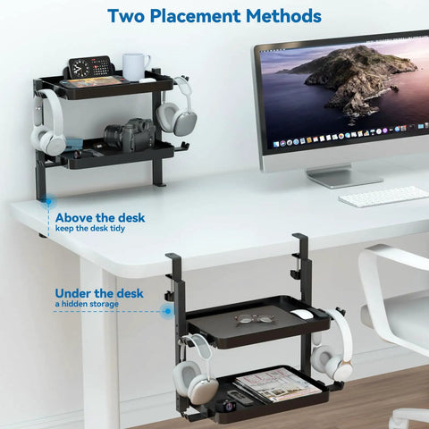 Clamp On Desk Organizer 2 Tier Above Or Under Desk Shelves With Large Capacity Tray Space Saving Phone And Tablet Holder And Headphone Hook No Drilling Desktop Storage For Office And Home