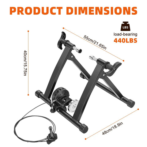 Foldable Magnetic Indoor Bike Trainer With Wheel Riser Block, Six-Level Resistance, Dope Setup dimensions, supports 440 lbs
