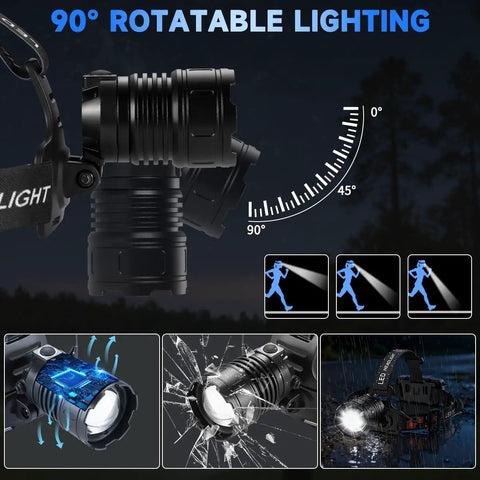 Rechargeable 3000 Lumen LED Headlamp With 90 Degree Rotating Beam Adjustable Focus 4 Modes for hiking and camping