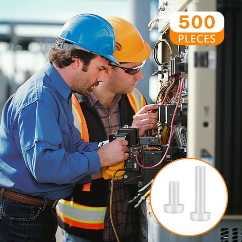 Technicians using All In One White Nylon Pan Head Screws And Nuts Kit With Washers in electronic assembly, 500 piece set shown.