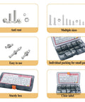 Heavy Duty 351 Piece Stainless Steel Screw Assortment Kit With Phillips Pan Head Machine Screws Nuts Bolts And Flat Washers shown in sturdy organized storage box.