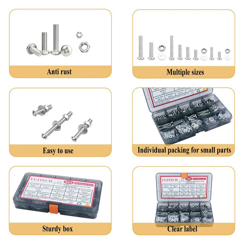 Heavy Duty 351 Piece Stainless Steel Screw Assortment Kit With Phillips Pan Head Machine Screws Nuts Bolts And Flat Washers shown in sturdy organized storage box.