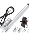 Side view of 12V linear actuator with controller; silver cylinder, 10-inch stroke, with mounting brackets and hardware
