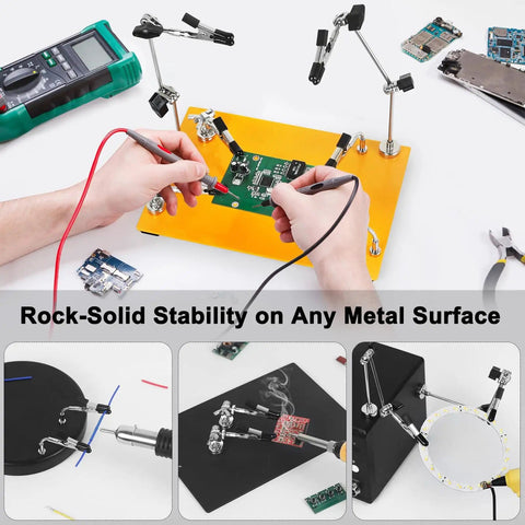 Pro Grade Six Arm Magnetic Helping Hands Soldering Station with Heavy Duty Base in use for PCB work