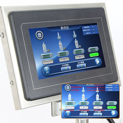 Control panel of Double Head Automatic Bottle Filler Machine With Conveyor Belt, featuring settings for liquid dispensing.