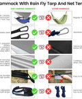 Comparison of camping hammock with rain fly tarp, mosquito net versus regular hammock, showcasing stainless steel clips, fabric, stitching, and straps.