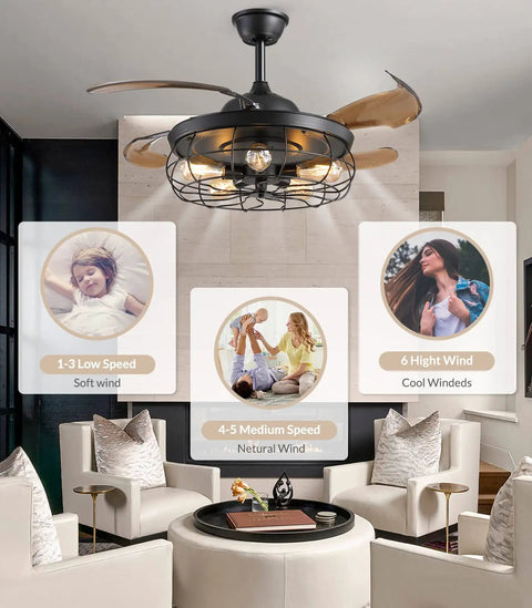 36 Inch Retractable Blade Ceiling Fan With Lights Remote Control, industrial farmhouse vibe, shown in living space with speed settings