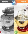 Comparison of stand mixers with and without Spill Proof Bowl Covers For 4.5 To 5 Qt Tilt Head Stand Mixers With Splash Guard And Extra Pouring Window Dishwasher Safe Lid To Prevent Messes Fits 4.5 To 5 Qt Bowls Pack Of 2. One shows a mess and the other clean.