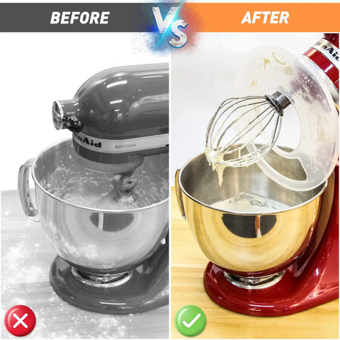 Comparison of stand mixers with and without Spill Proof Bowl Covers For 4.5 To 5 Qt Tilt Head Stand Mixers With Splash Guard And Extra Pouring Window Dishwasher Safe Lid To Prevent Messes Fits 4.5 To 5 Qt Bowls Pack Of 2. One shows a mess and the other clean.