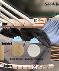 Close-up of hammock with solid wood removable spreader bar, canvas cotton bed, part of Extra Large Double Hammock For Two With 500Lb Capacity 220x150 Cm Canvas Cotton Bed 330 Cm Total Length Outdoor Indoor With Removable Spreader Bar Comfy Patio Porch Garden Backyard Lounging