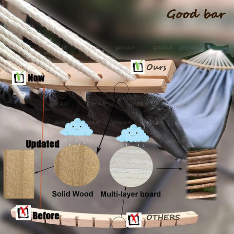 Close-up of hammock with solid wood removable spreader bar, canvas cotton bed, part of Extra Large Double Hammock For Two With 500Lb Capacity 220x150 Cm Canvas Cotton Bed 330 Cm Total Length Outdoor Indoor With Removable Spreader Bar Comfy Patio Porch Garden Backyard Lounging