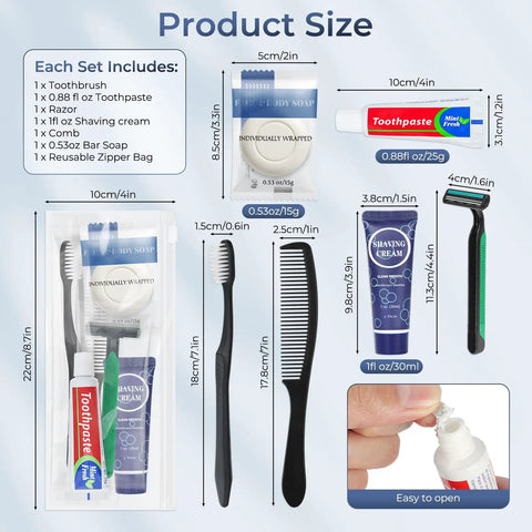 Grab And Go 10 Pack Travel Toiletry Kit Set With 6 In 1 Disposable Hygiene Essentials product sizes and components.
