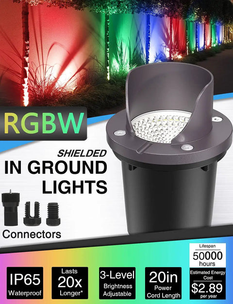 Eight Pack RGBW Low Voltage Landscape Well Lights 12W Waterproof In Ground Pathway Garden Yard Fence Deck Dimmable 12-24V With Connectors And Remote Control For Color Changing Ambience