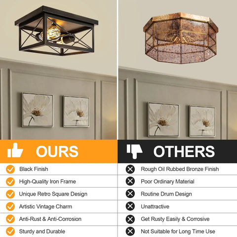 Comparison showing Industrial Two Light Retro Flush Mount Ceiling Light Fixture on left and an oil-rubbed bronze finish fixture on right.