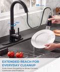 VFAUOSIT Kitchen Faucet with Pull Down Sprayer, Matte Black High Arc showcasing 23-inch reach and 360° swivel in kitchen sink.