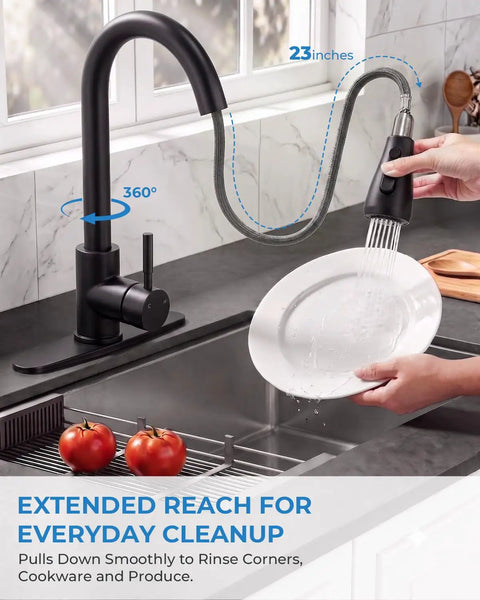 VFAUOSIT Kitchen Faucet with Pull Down Sprayer, Matte Black High Arc showcasing 23-inch reach and 360° swivel in kitchen sink.