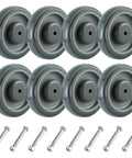 8 grey 5-inch replacement shopping cart wheels kit with screws, polyurethane tread, caster wheels with double ball bearings.