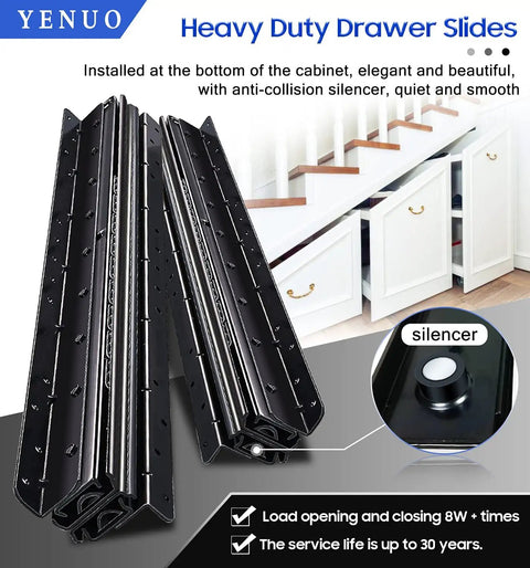 Undermount Heavy Duty Full Extension Drawer Slides Black 32 Inch One Pair, Hidden Ball Bearing Rails, Bottom Mounted Track Guide