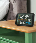 Color Weather Station For Your Home With Indoor Outdoor Temperature, Humidity, And MIN MAX Readings, black, on table