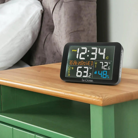 Color Weather Station For Your Home With Indoor Outdoor Temperature, Humidity, And MIN MAX Readings, black, on table