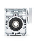 Front view of Beefed-Up NMRV 030 Worm Gear Reducer for NEMA 23 motors, 30:1 reduction, showing flange input and output shaft.