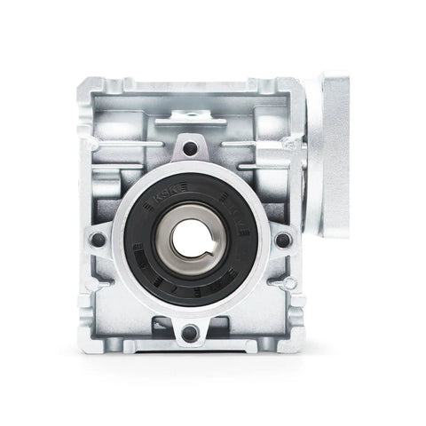 Front view of Beefed-Up NMRV 030 Worm Gear Reducer for NEMA 23 motors, 30:1 reduction, showing flange input and output shaft.