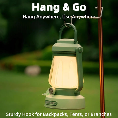 Kids Lantern With 4 Color Dimmable Lights And USB C Charging hanging on a hook outdoors