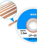 Close-up of braided copper solder wick roll labeled 2.5mm for electronics repair, part of Six Piece Solder Wick Braided No Clean Desoldering Wicks Set 0.04 Inch 0.05 Inch 0.07 Inch 0.1 Inch 0.12 Inch 0.14 Inch 5 Feet Each Multi Color For Electronics Repair PCB Boards And Component Removal
